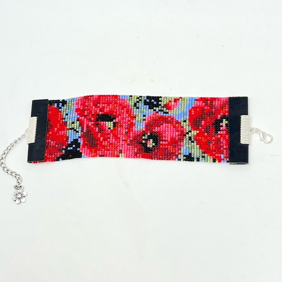 Hand Crafted Jewelry - Poppies hand woven bracelet shimmering seed beads adjustable leather trimmed